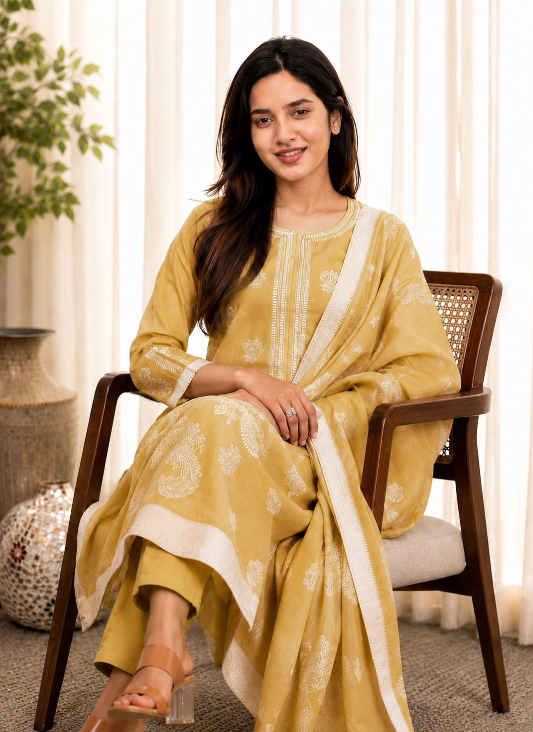 Pukhraj mustard cotton kurta set with larger white floral blooms on the dupatta