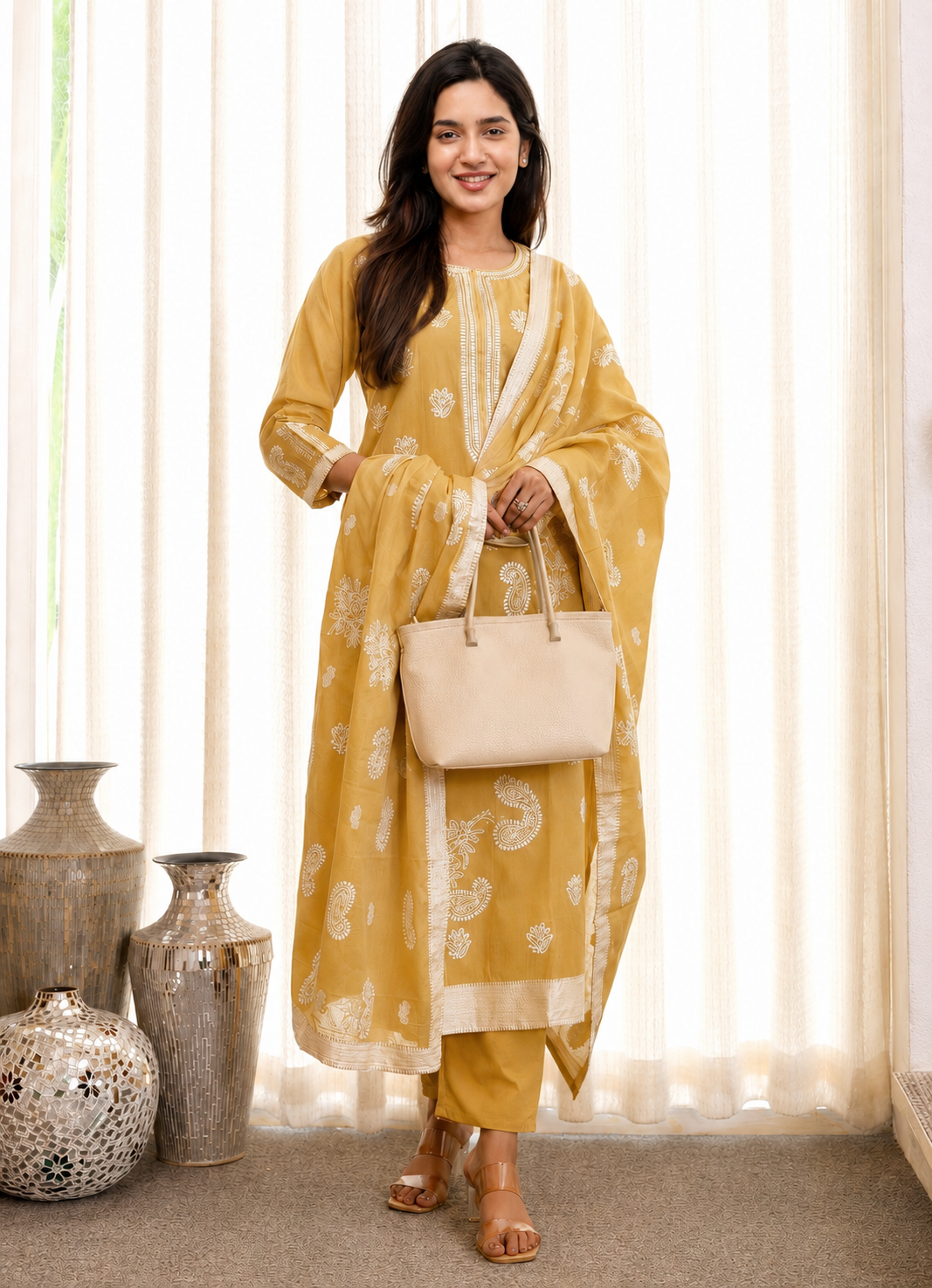Pukhraj soft-gold cotton kurta with a plain round neck and white floral print