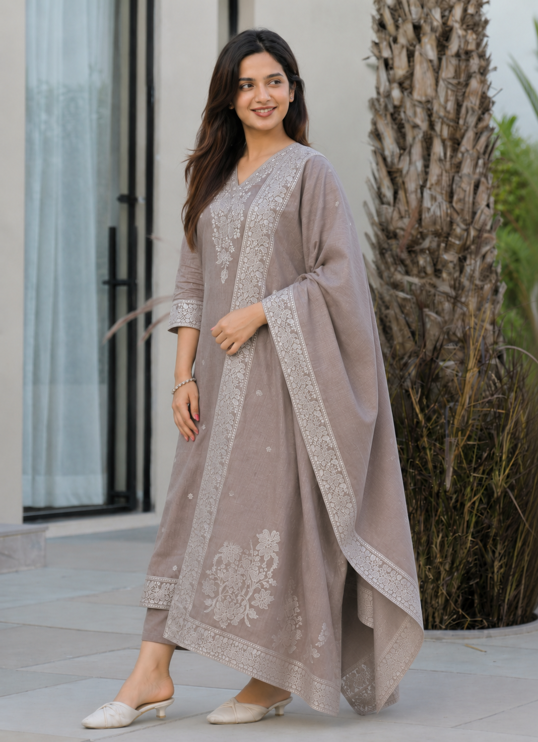 Chhaya grey three-piece cotton kurta set with white thread flowers and cotton dupatta
