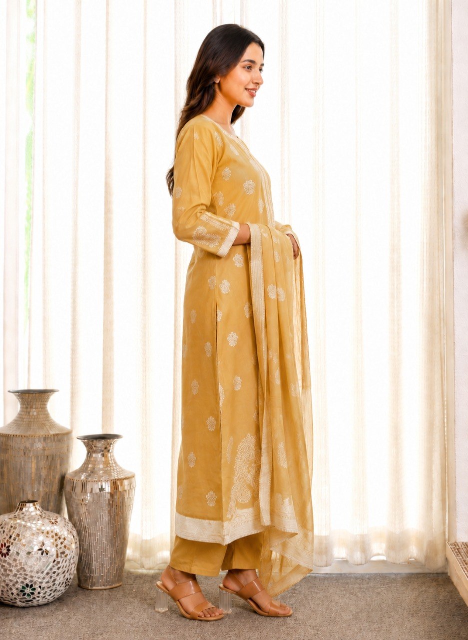 Pukhraj mustard-yellow three-piece cotton kurta set with white-print dupatta