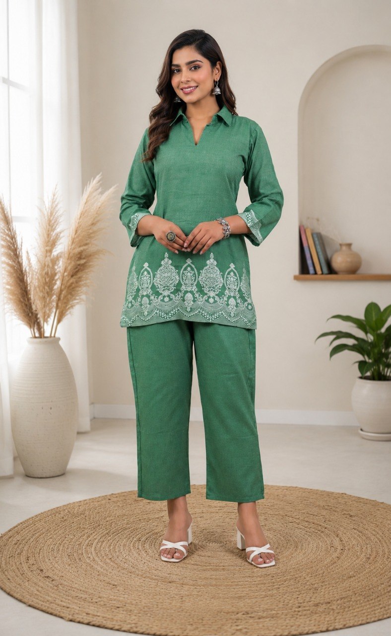 Morpaankh Kinara cotton jacquard co-ord set with white woven floral border, collar and straight pant, view 26