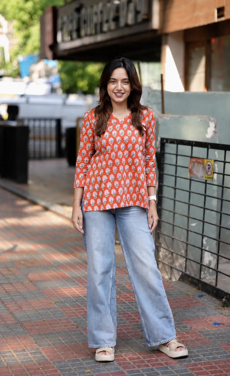 Morpaankh Naranga orange cotton block-print kurti