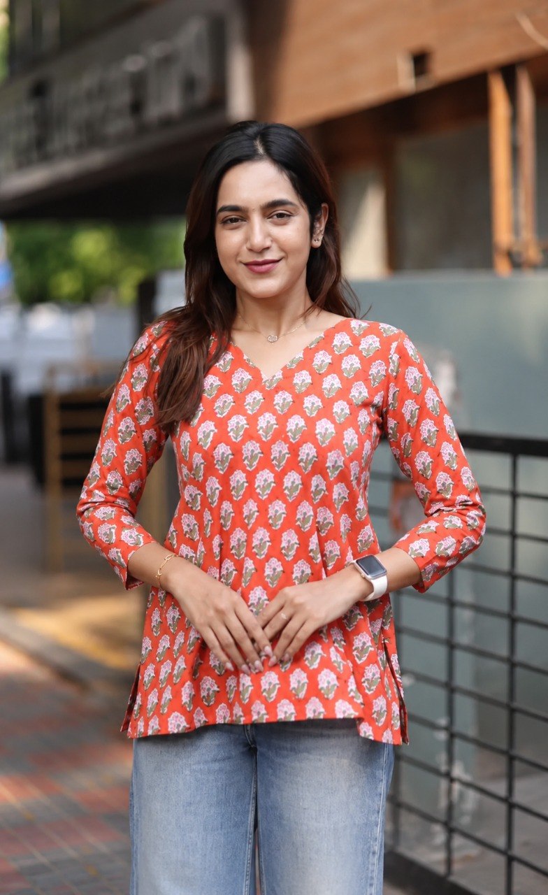 Morpaankh Naranga orange cotton block-print kurti, view 2