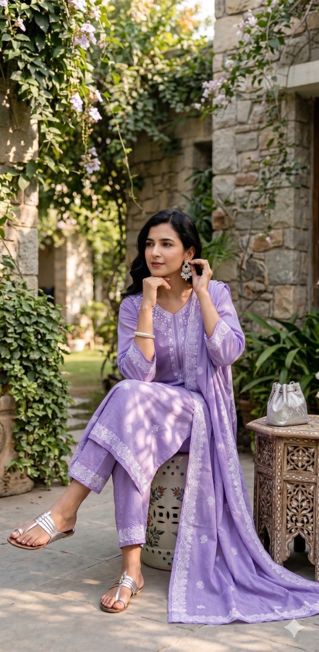 Kachnar lavender cotton kurta set with white embroidered yoke and floral dupatta border, seated view