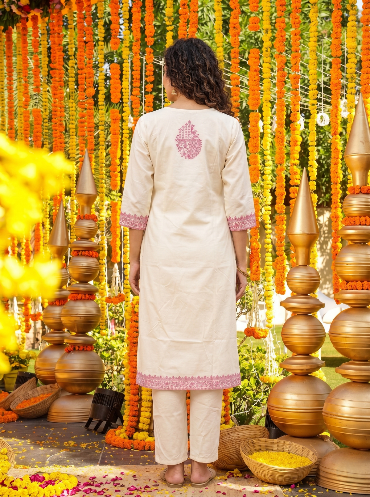 MorPaankh Gulaabi ivory cotton kurta set with tonal jacquard weave and pink motifs, view 4