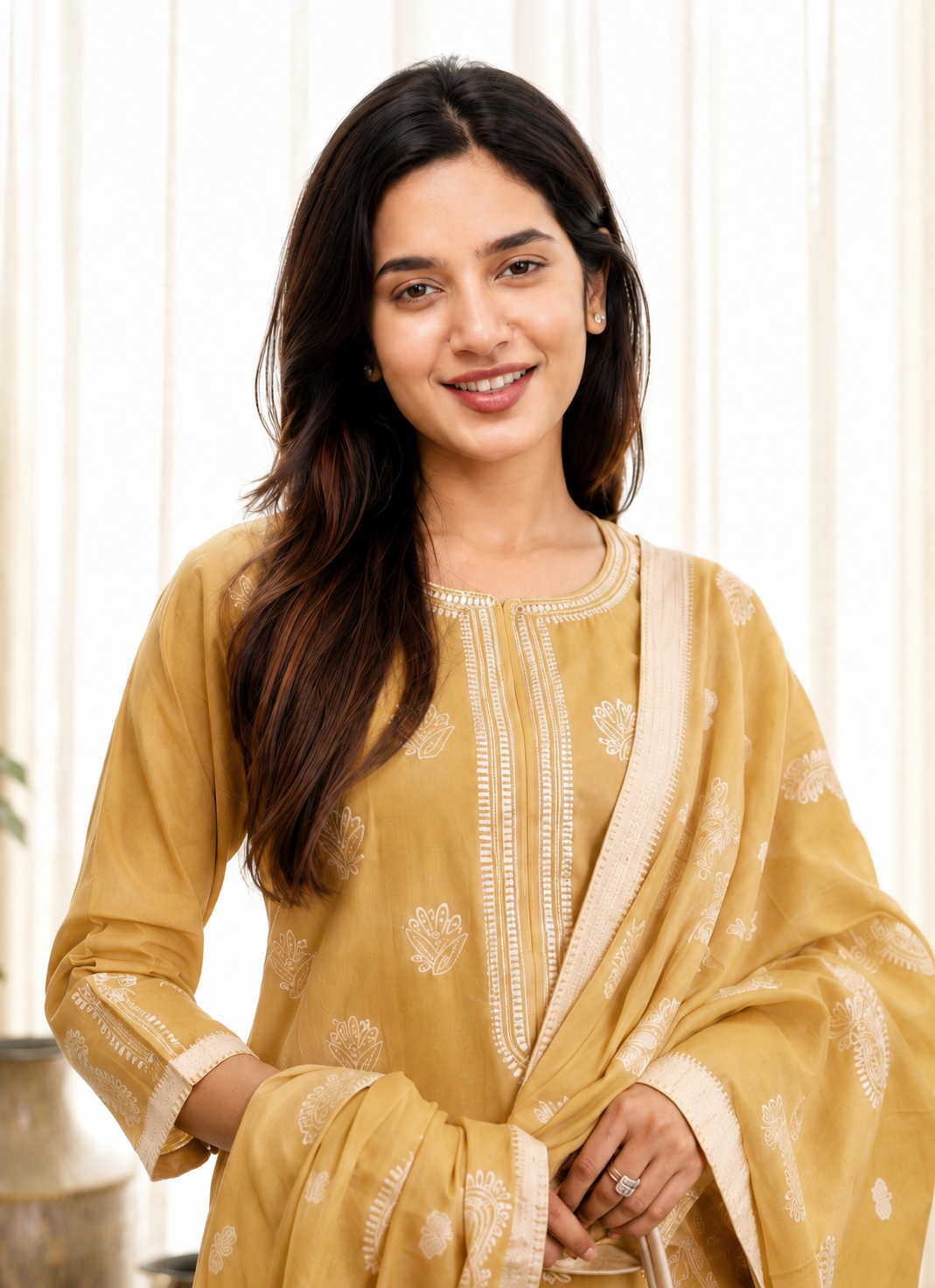 Pukhraj mustard-yellow cotton kurta set with a fine white floral print and matching printed dupatta