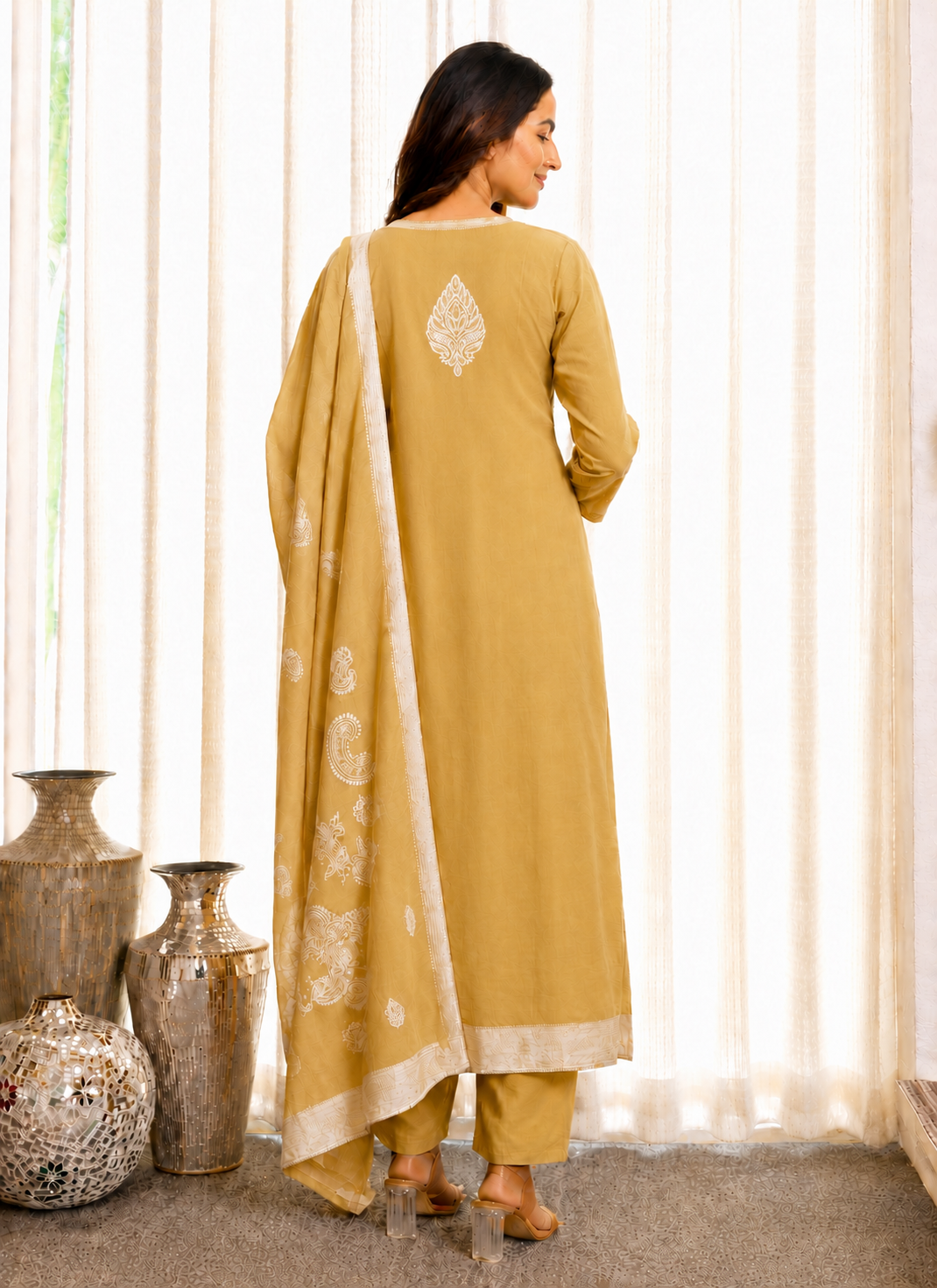 Pukhraj yellow topaz cotton kurta set with fine white blooms on breathable cotton