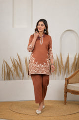Morpaankh Kinara cotton jacquard co-ord set with white woven floral border, collar and straight pant, view 29