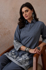 Morpaankh Kinara cotton jacquard co-ord set with white woven floral border, collar and straight pant, view 15
