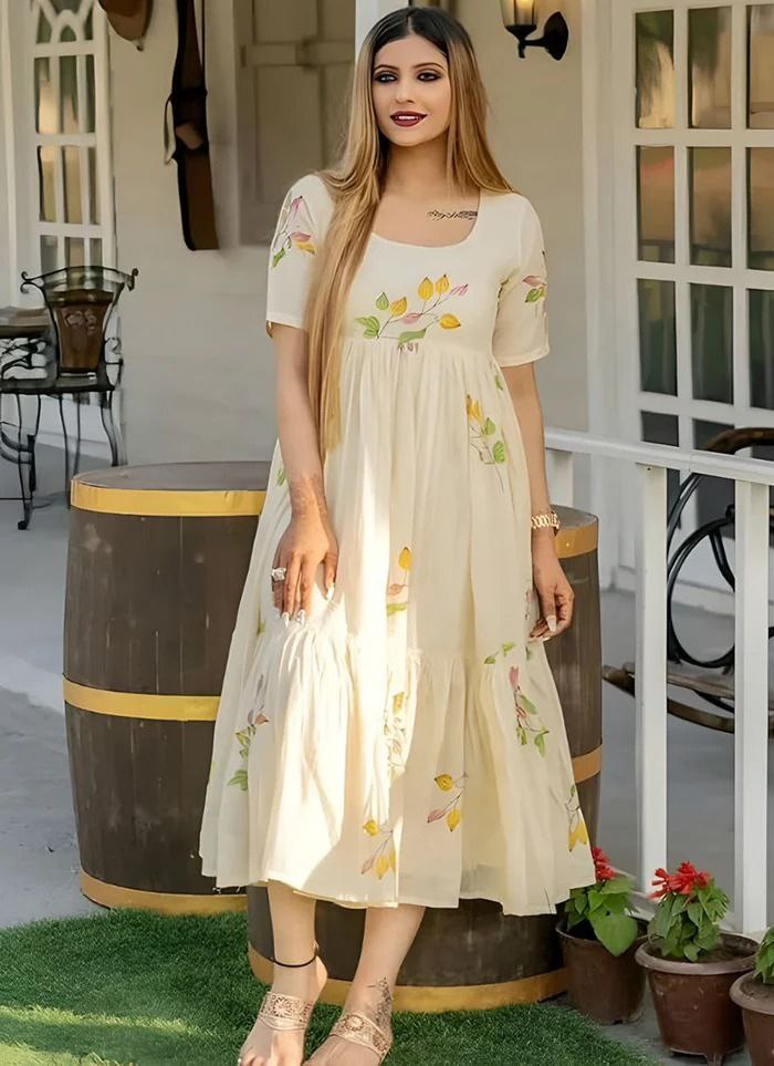 MorPaankh Champa cream cotton kurta with painted champa-flower print and a wide flared hem