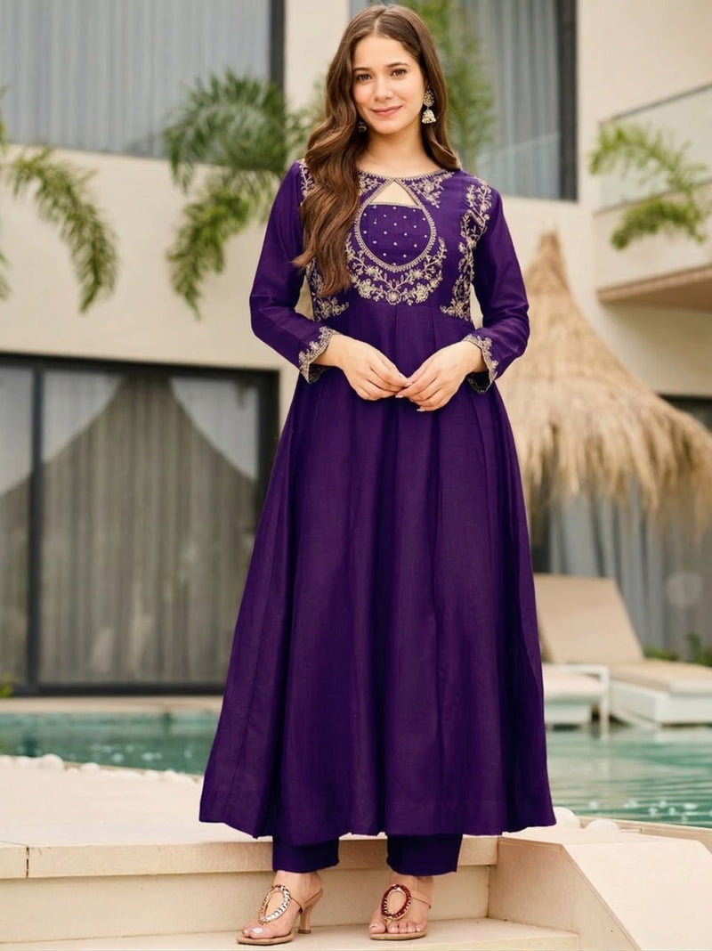 Jamun deep violet art silk kurta set with zari and resham floral work