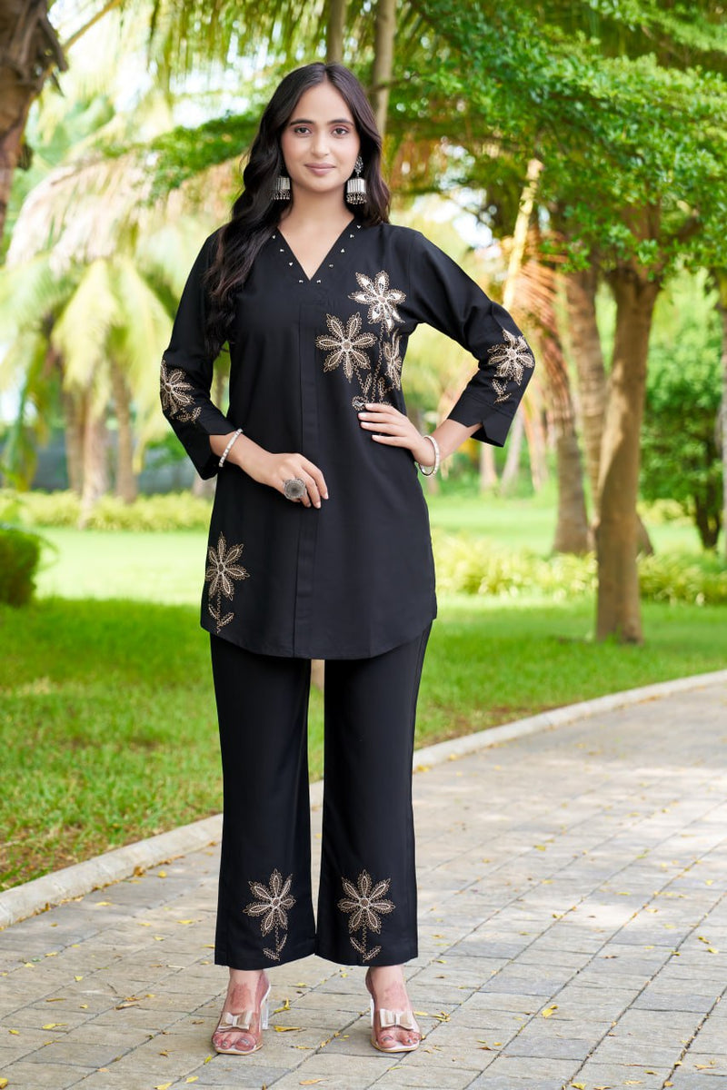 Kasturi deep brown rayon kurta set with white thread florals and gold studs
