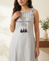 Kohra linen co-ord set with navy tassels and a striped panel, Morpaankh