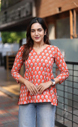 Morpaankh Naranga orange cotton block-print kurti, view 2