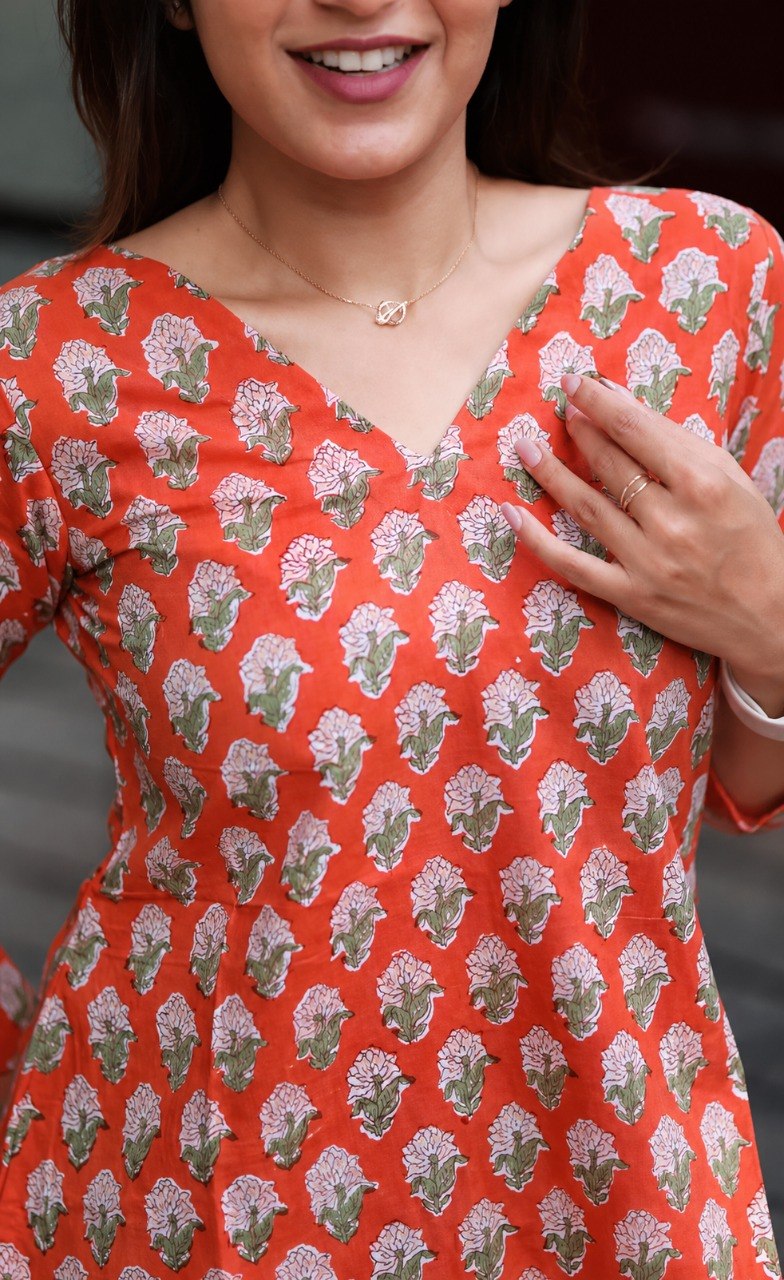 Morpaankh Naranga orange cotton block-print kurti, view 8