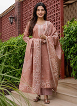 Phoolwari peach cotton kurta set with white floral border dupatta and embroidered yoke, front view
