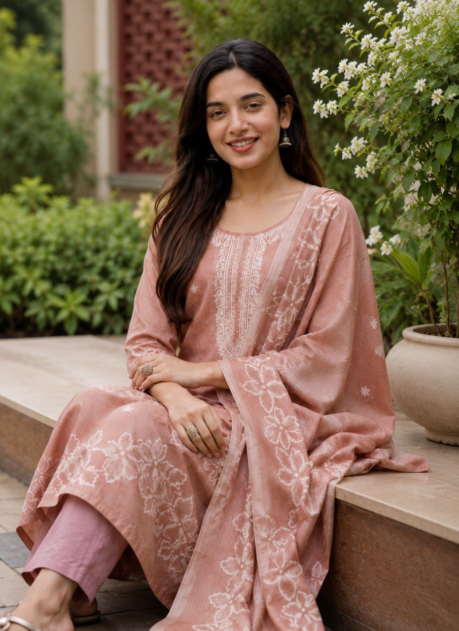 Seated view of the Phoolwari peach cotton kurta set with large white flowers along the dupatta