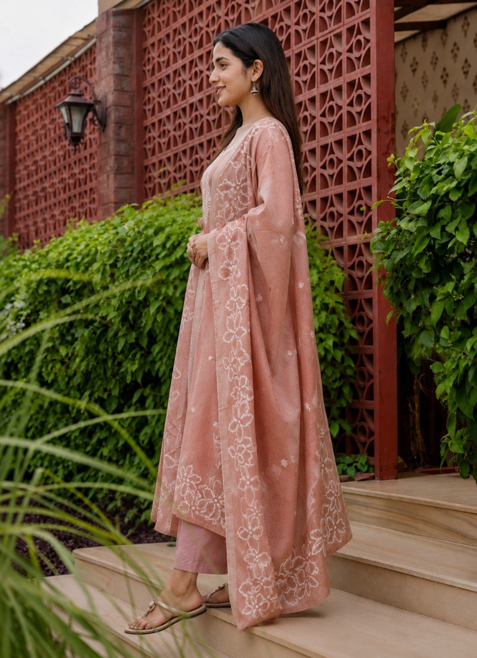 Side view of the Phoolwari peach cotton kurta set with the floral border dupatta over the shoulder