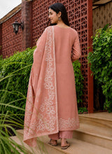 Back view of the Phoolwari peach cotton kurta set showing the full floral dupatta border