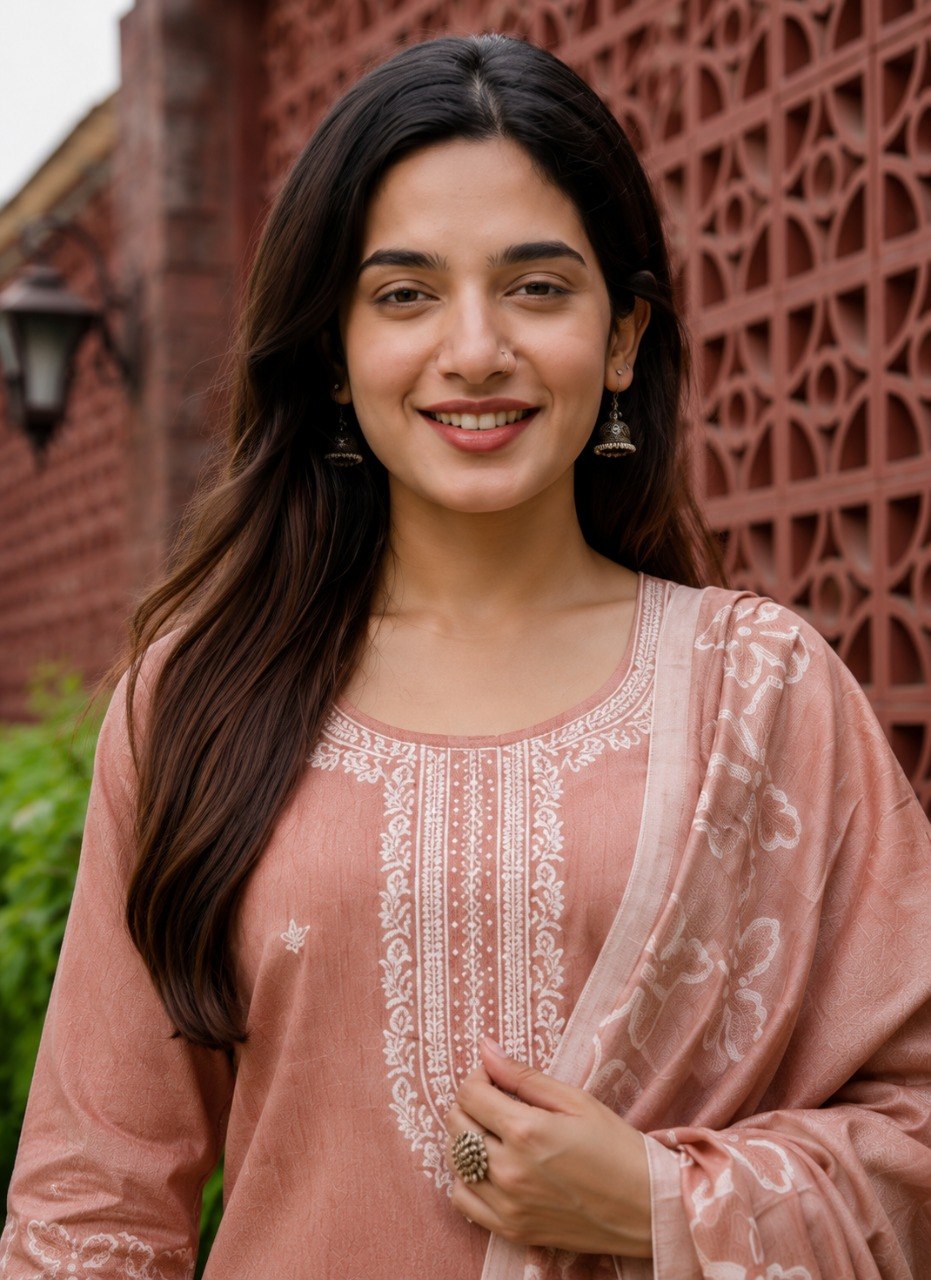Close view of the white embroidered yoke panel on the Phoolwari peach cotton kurta